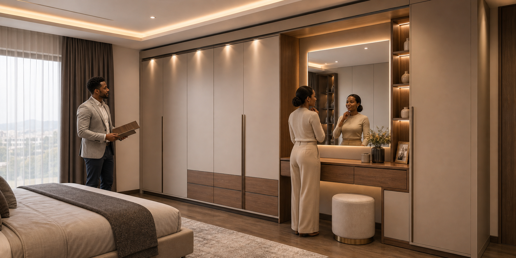 Modern wardrobe cabinet fronts with slim vertical handles and matte panels