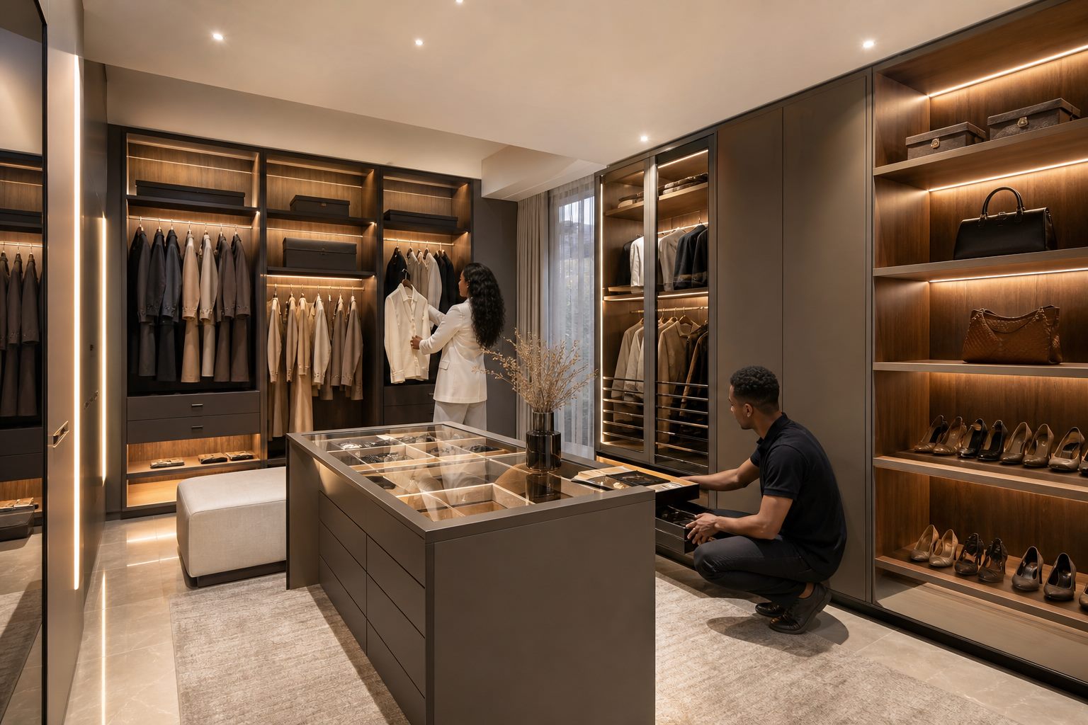 Modern walk-in closet with open shelving, hanging rail, and warm ambient lighting