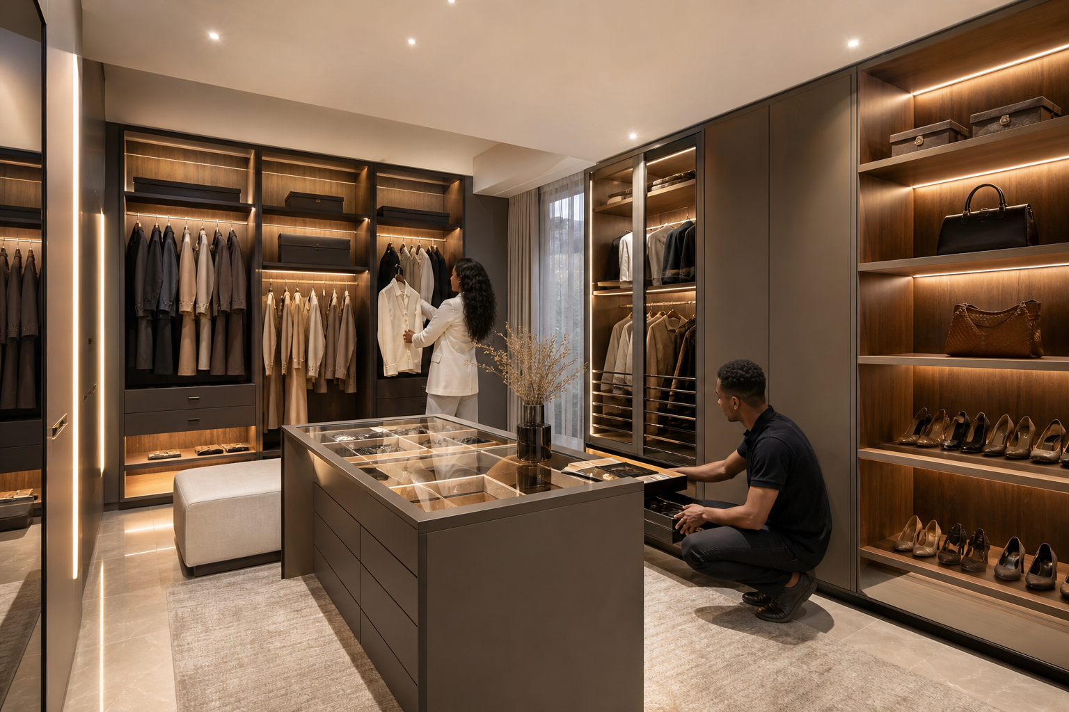 Modern walk-in closet with open shelving, hanging rail, and warm ambient lighting
