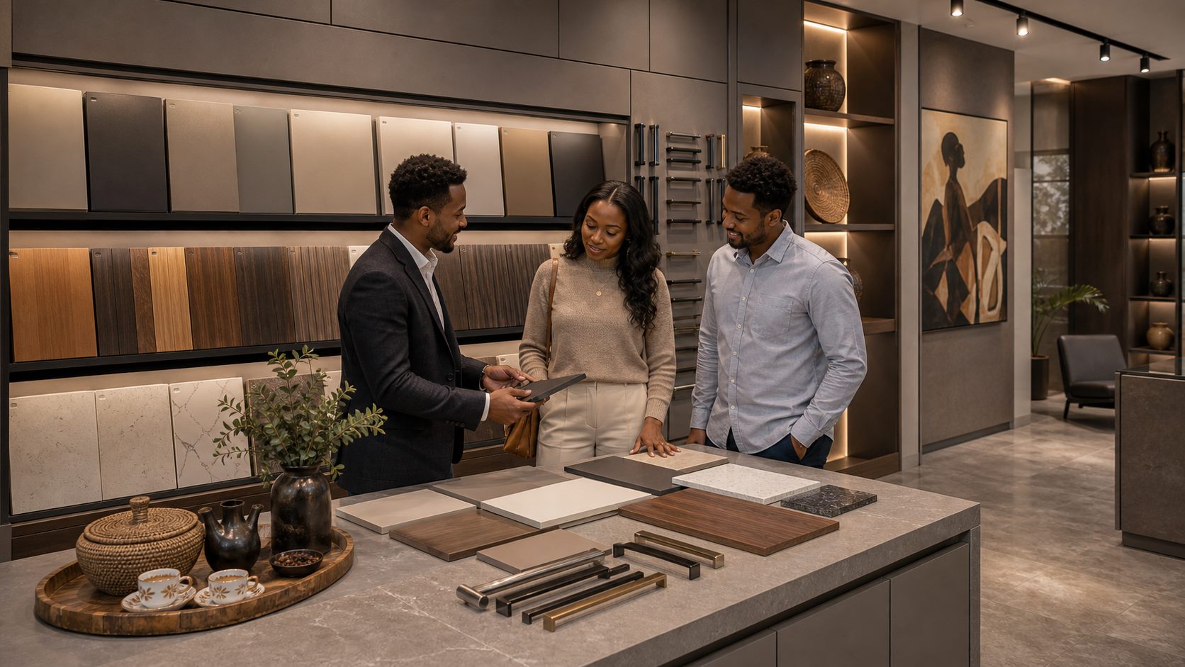 Showroom consultation with finish samples