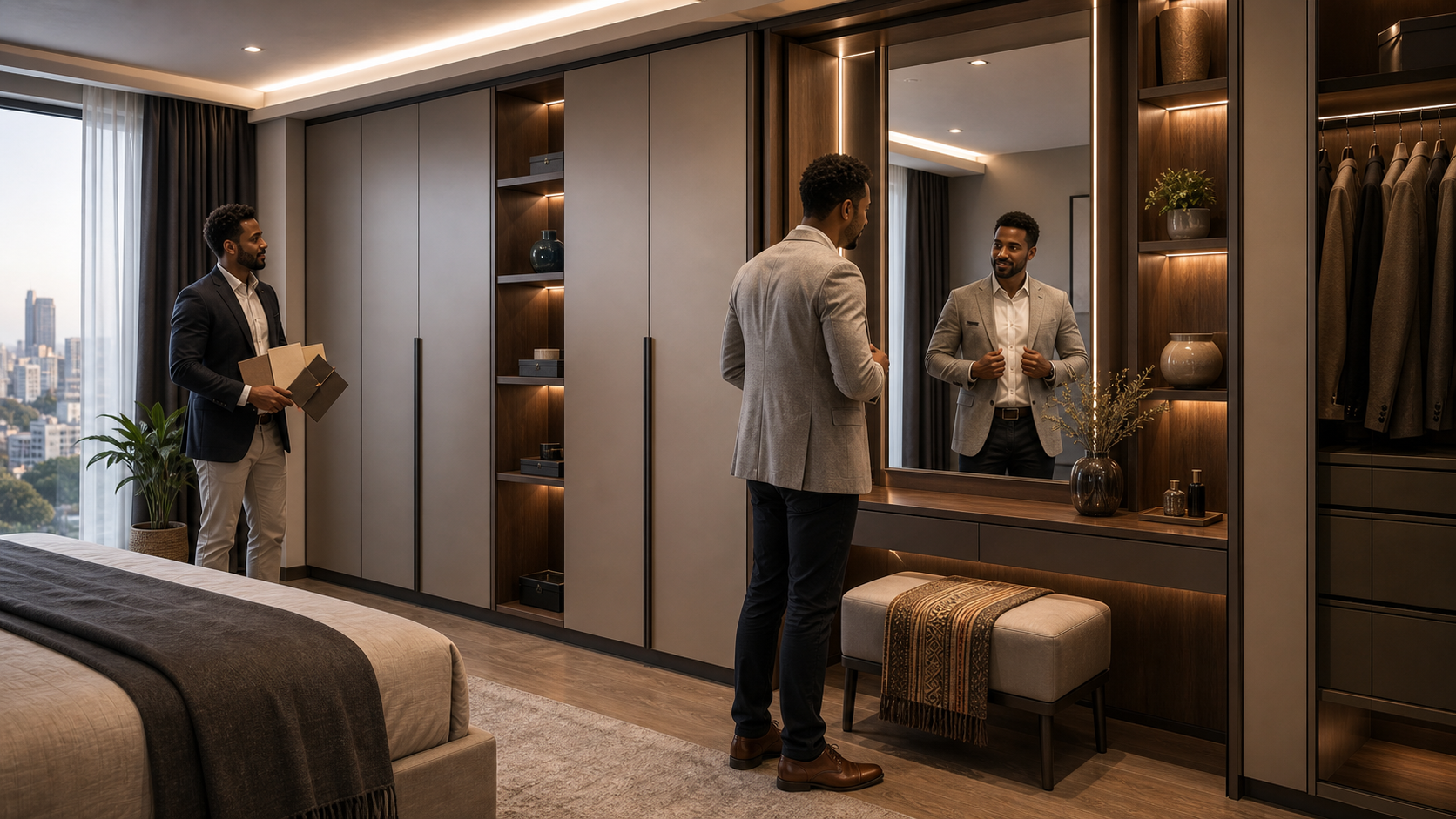 Modern wardrobe and dressing area with Ethiopian textile accent
