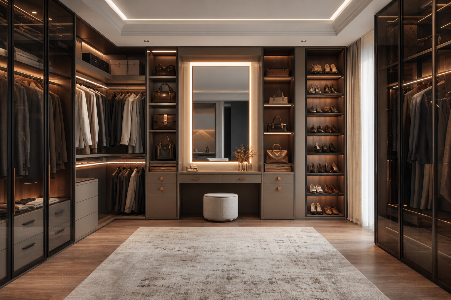Modern walk-in closet with walnut shelves, display lighting, and Super Matt UV MDF cabinetry