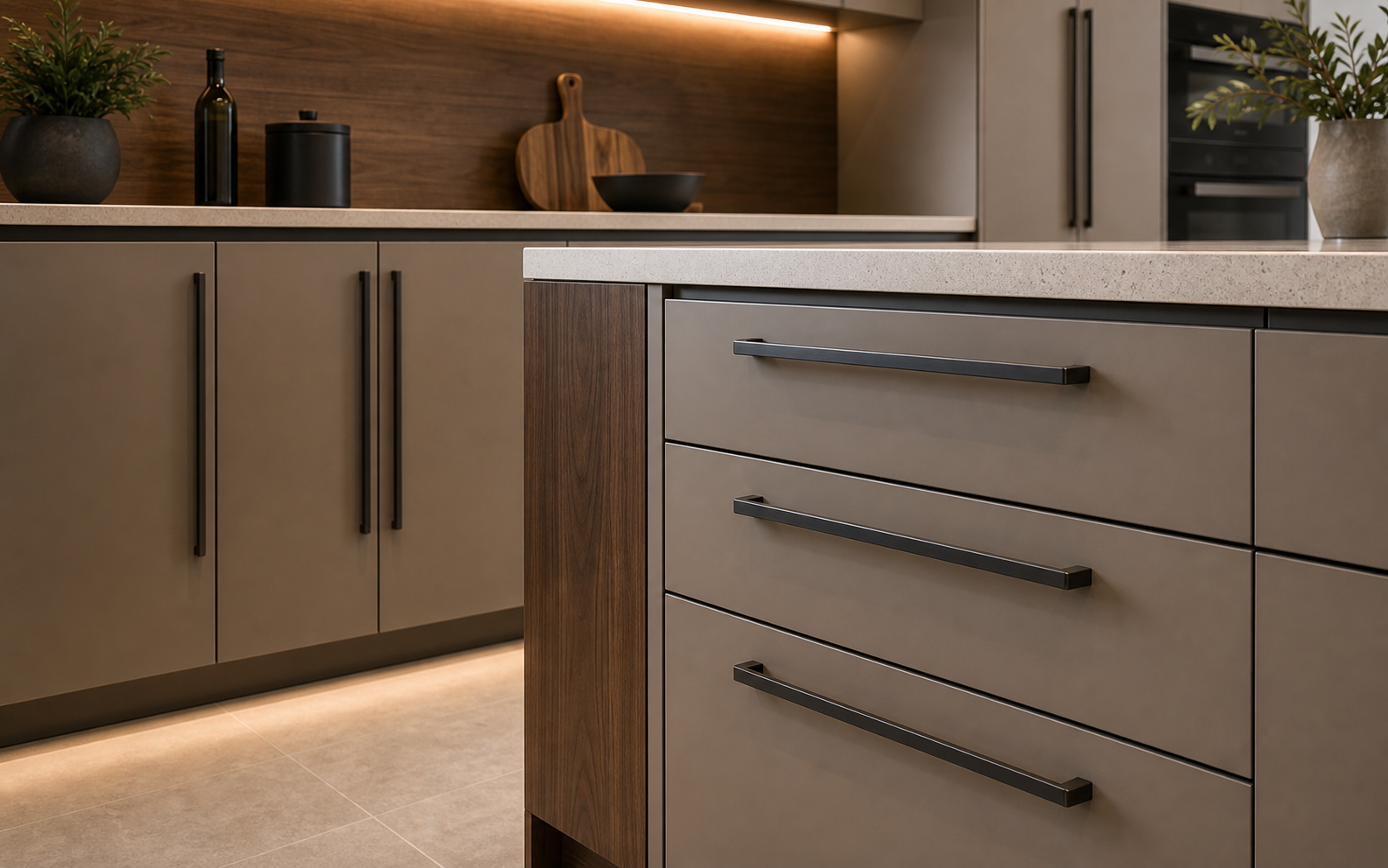 Modern kitchen drawer and cabinet detail with slim visible handles