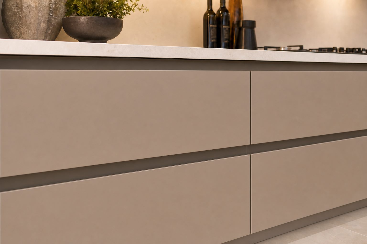 Modern handleless kitchen drawers with flat matte fronts and clean shadow gaps