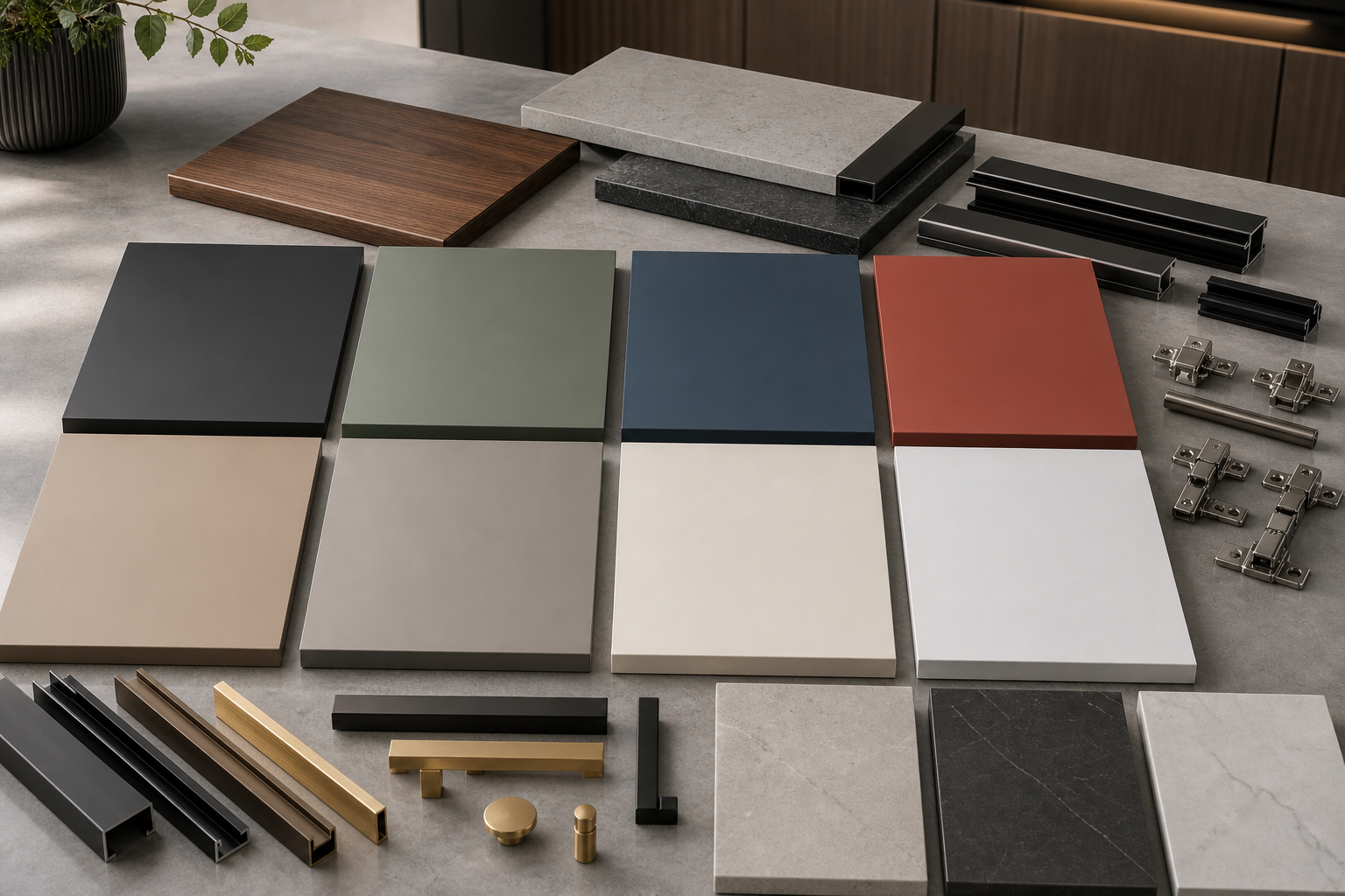 Modern flat-panel Super Matt UV MDF samples with walnut, stone, and metal hardware