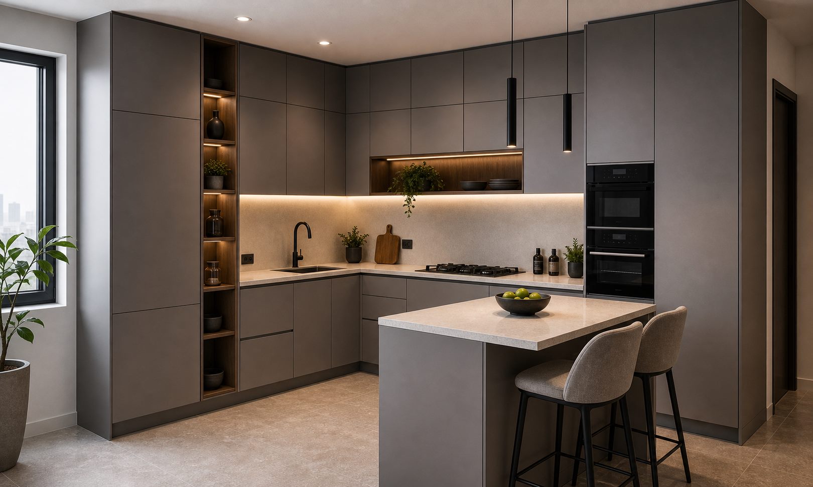 Handleless grey corner kitchen concept