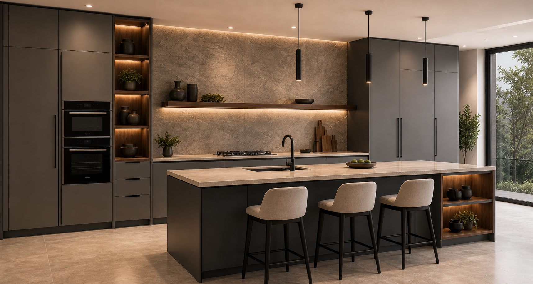 Kitchen with stone feature wall