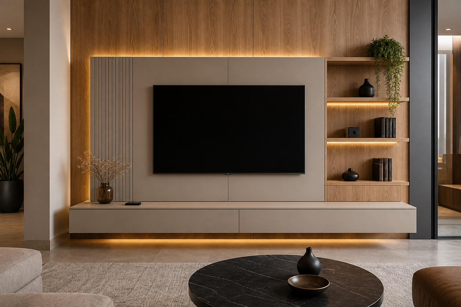 Modern TV unit with Super Matt UV MDF fronts and natural oak wall panels