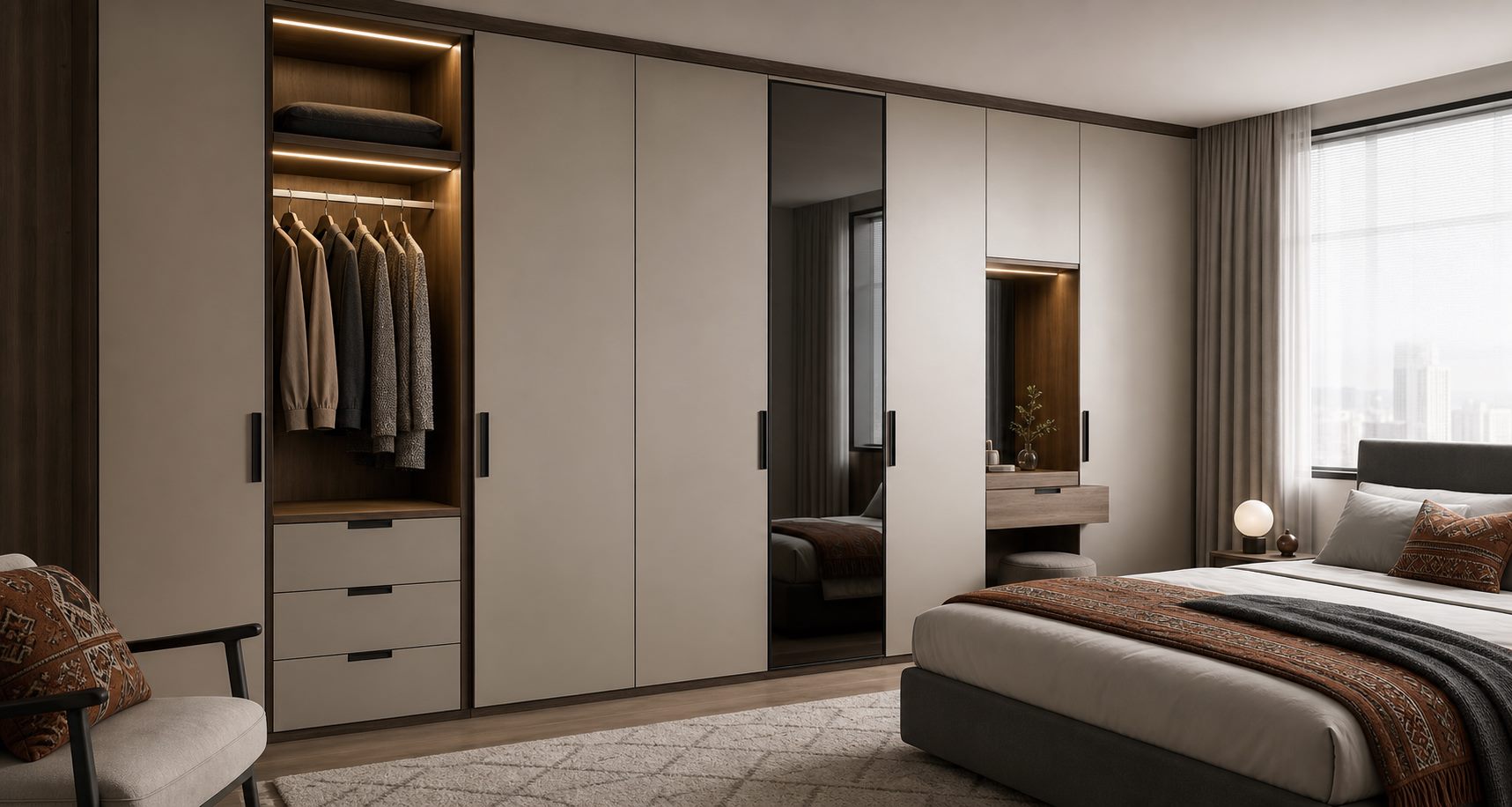 Modern bedroom wardrobe with matte cabinet fronts and warm integrated lighting