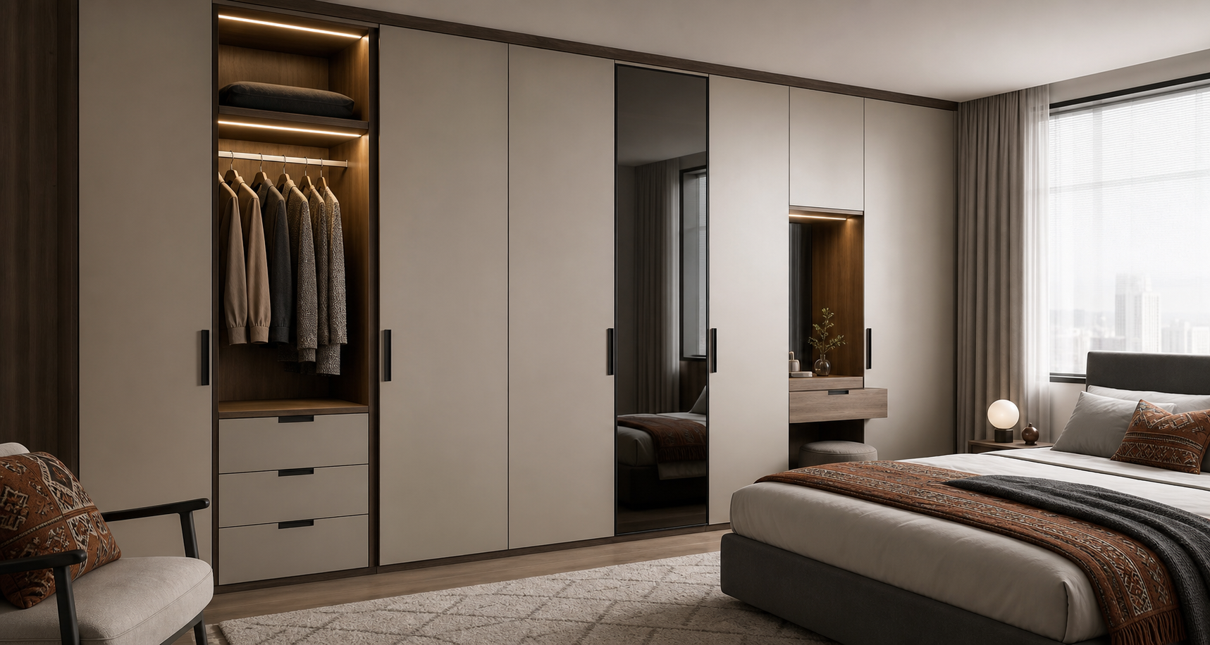 Modern bedroom wardrobe with matte cabinet fronts and warm integrated lighting