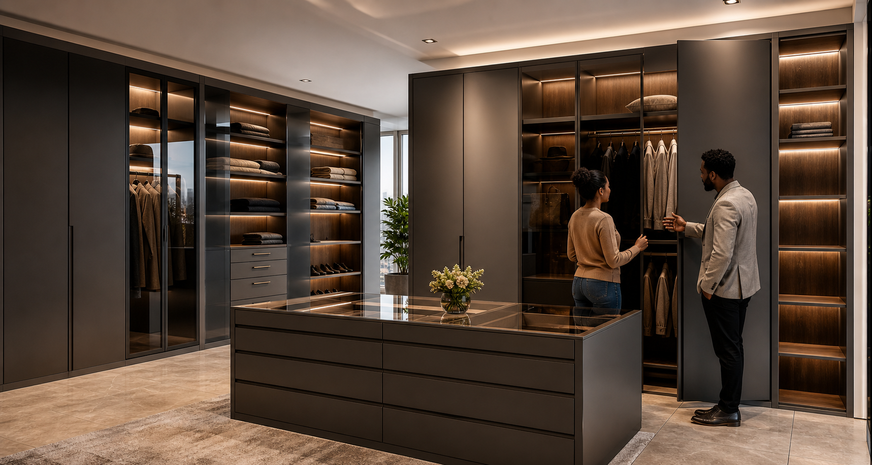 Full-height modern wardrobe with Super Matt UV MDF doors, integrated LED lighting, and slim handled drawers